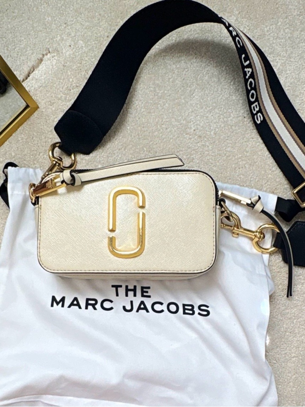 Marc Jacobs Cream Leather Snapshot Camera Bag with Black Strap